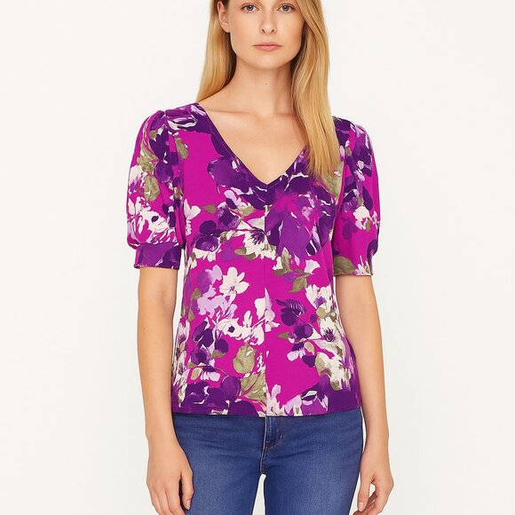 NWT White House Black Market V-Neck Puff Sleeve Top Floral Bunches Baie #WHBM31 - Picture 1 of 9